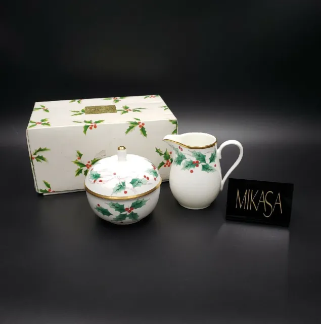 Mikasa Bone China RIBBON HOLLY Creamer & Sugar Bowl Set(s) MINT IN BOX