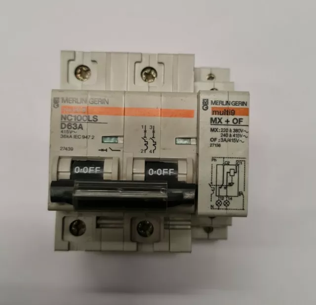 MERLIN GERIN MULTI 9 NC100LS D63A 2 Pole 415V 27439  MX + OF 27136 SHUNT RELEASE