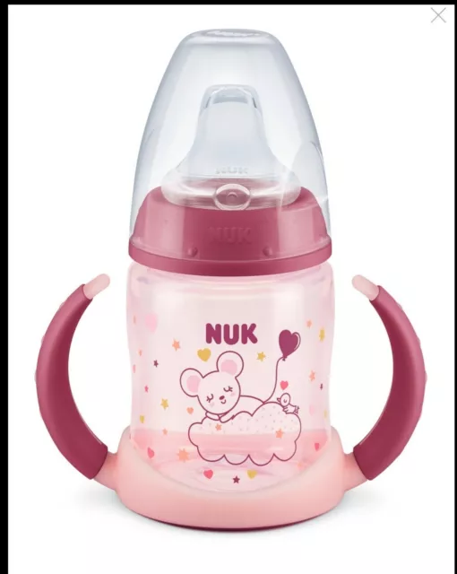 NEW NUK First Choice Leaner Baby Bottle 6-18m Cup Night Spout Pink Glow in Dark