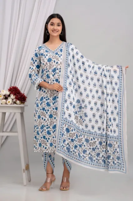 Indian Women Cotton Blue Printed Straight Kurta and Dhoti Pant With Dupatta Set