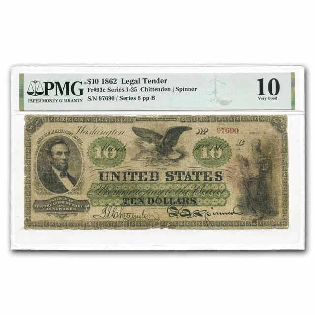 1862 $10.00 Legal Tender Abraham Lincoln VG-10 PMG (Fr#93C) - SKU#288261