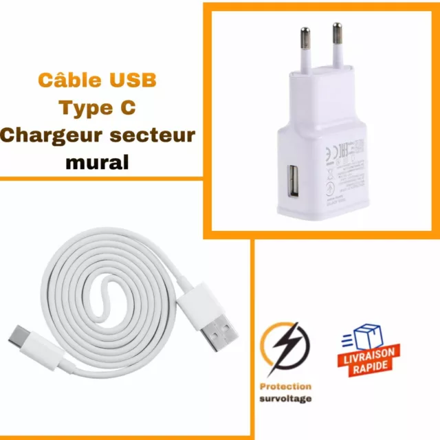 Chargeur secteur mural + Cable USB Type C  Pour HTC Wildfire X,Wildfire E2 Blanc