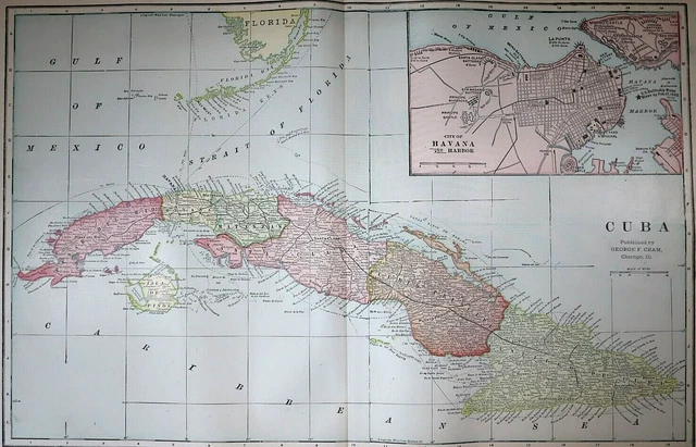Old (Lg14x22) 1904 Cram's Atlas Map ~ CUBA, HAVANA ~ Free S&H ~Inv#293
