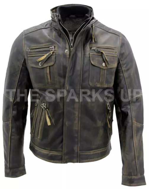 Giacca in pelle effetto invecchiato stile biker vintage da uomo moto cafe racer