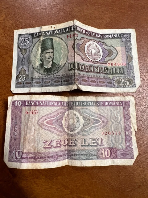 Lot of 2 1966 25 Lei, 10 Lei Romania Banknote