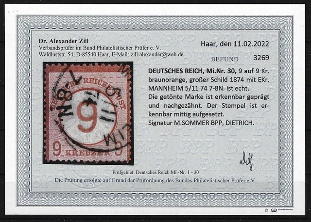 F131) Deutsches Reich Nr. 30 Brustschild gestempelt Befund Dr. Zill BPP Mi 600 €
