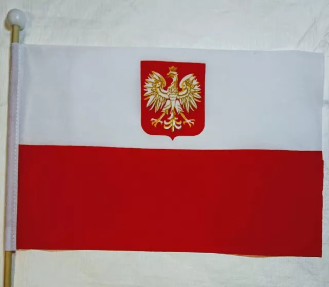 Poland Crest Handwaving Flag 9 x 6" Polyester Flag 12" Wooden Pole Hand Waver