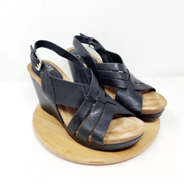 Sofft Wedge Sandals Womens 9.5 Black Leather Strappy Buckle Heel Strap Shoes