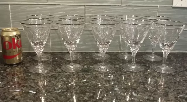 Fostoria Bridal Belle  Cut Crystal Water Wine Glasses (9) Platinum Rim Fern