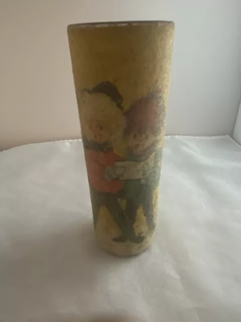 VTG Sugar Frosted Glass Candle Pillar CHRISTMAS Boy & Girl Caroling 9" Used