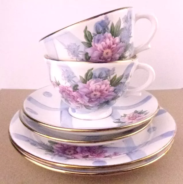 2 x Trios Robert Gordon Blue Floral Melody Pattern Gold Trim Cups/Saucers/Plates