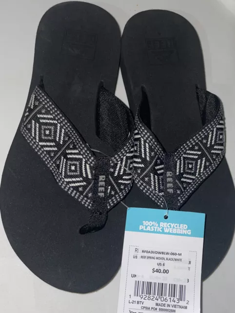 New REEF Spring Woven Black/White Flip-Flops Sandals Size 6