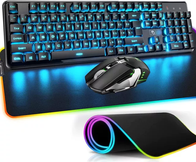 Wireless Gaming Keyboard and Mouse Combo LED Backlit Quiet Ergonomic Mechanical