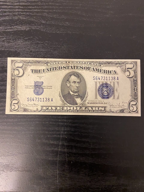 Series 1934 D $5 Five Dollar Silver Certificate Blue Seal   F 2078 2