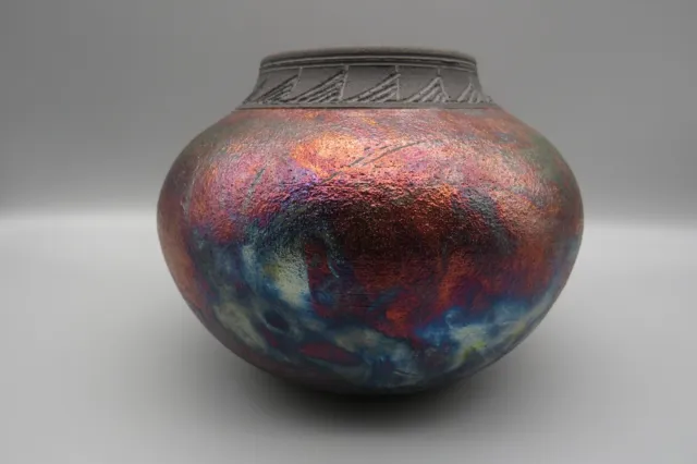 Raku Studio Pottery Multicolored Iridescent Etched Rim Signed Art Pottery Vase