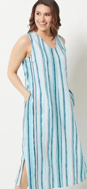 Denim & Co. Naturals V-Neck Printed Midi Dress Pockets Striped Size Medium New.