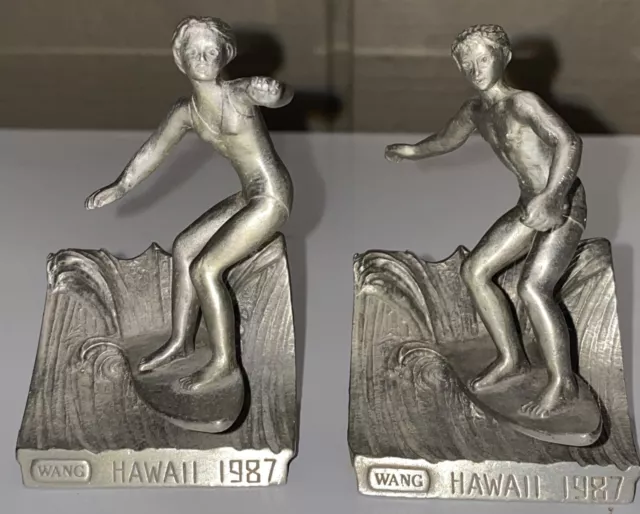 Rare Vintage 1987 Pewter Woman And Man Surfing Figures WANG Hawaii