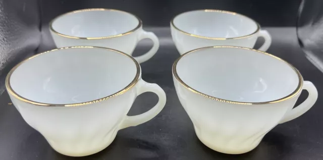 Vtg Set Of 4 Anchor Hocking Suburbia White Milk Glass Gold Rim Coffee Tea Cup
