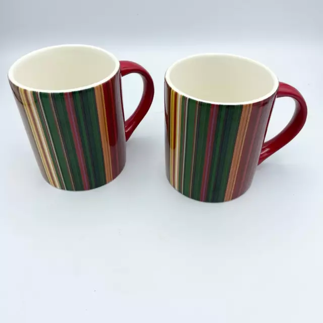 Neiman Marcus Coffee Tea Mug Cups Set Of 2 Multi Color Stripe Christmas 2006
