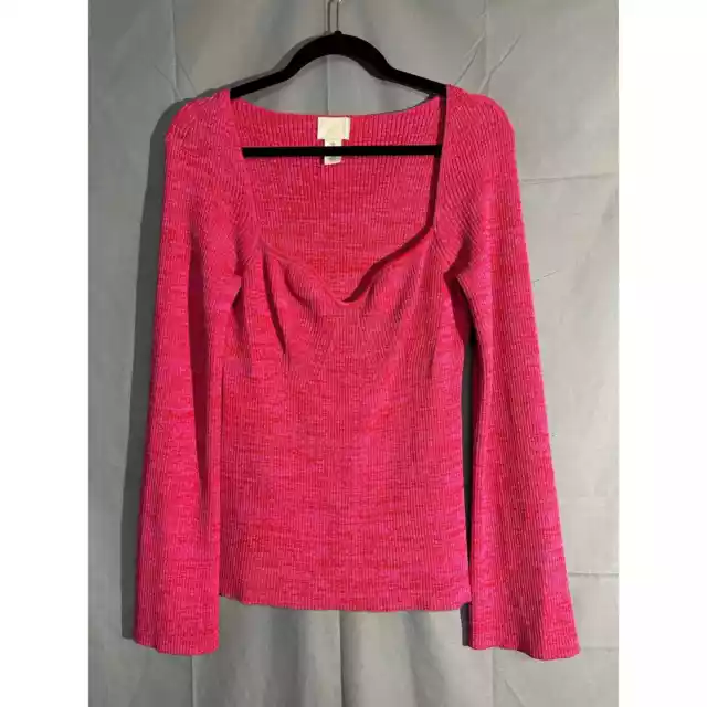 HM Top Womens Large Pink Sweetheart Neckline Flare Sleeve Stretch Ribbed Knit