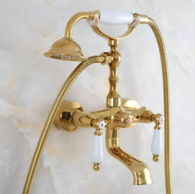 Luxury Gold Color Brass Wall Mounted Bath Clawfoot Tub Faucet Hand Shower yna857