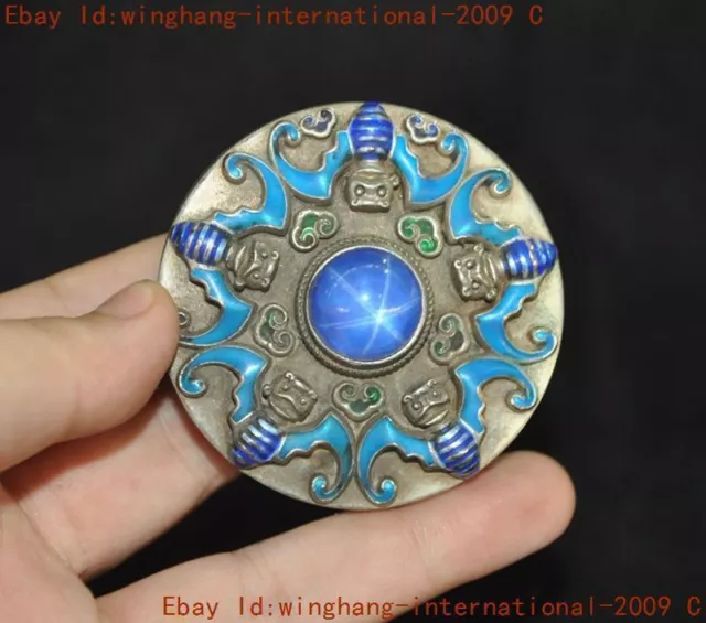 old China Tibetan silver inlay gem Cloisonne animal bat statue belt buckle