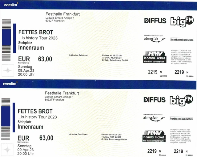 ❣️ FETTES BROT ❣️ 2 Stehplatz-Tickets ❣️ INNENRAUM ❣️ Frankfurt 09.04.2023 ❣️