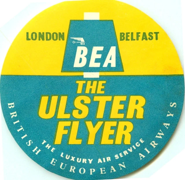BRITISH EUROPEAN AIRWAYS / BEA ~Ulster Flyer~ Old Airline Luggage Label, 1955