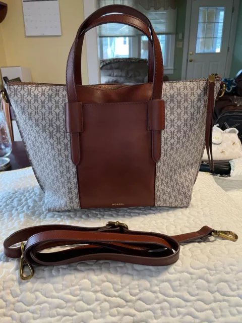 Fossil Skylar Satchel Taupe/Brown Leather Monogram with Crossbody Strap