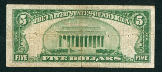 $5 1934 LGS LIME ((LIGHT GREEN SEAL)) Federal Reserve Note ((PINHOLES)) 3