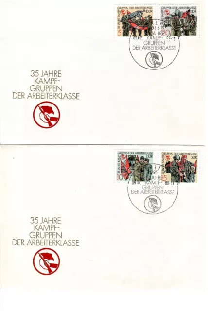 DDR FDC 2 Briefe, 35 Jahre Kampfgruppen der Arbeiterklasse, 4 Werte, Top Zustand