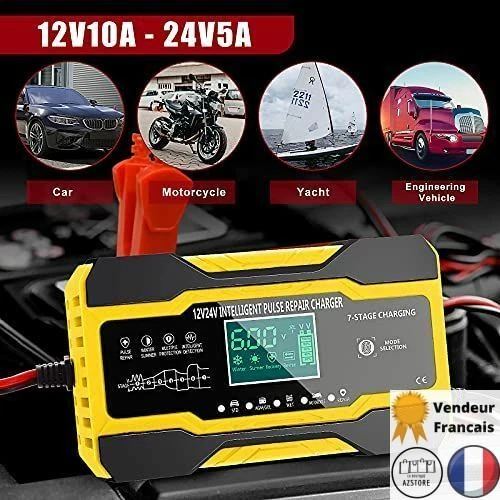 Chargeur de Batterie Intelligent LCD 12V/24V 10A Voiture Moto Camion AGM GEL SLA