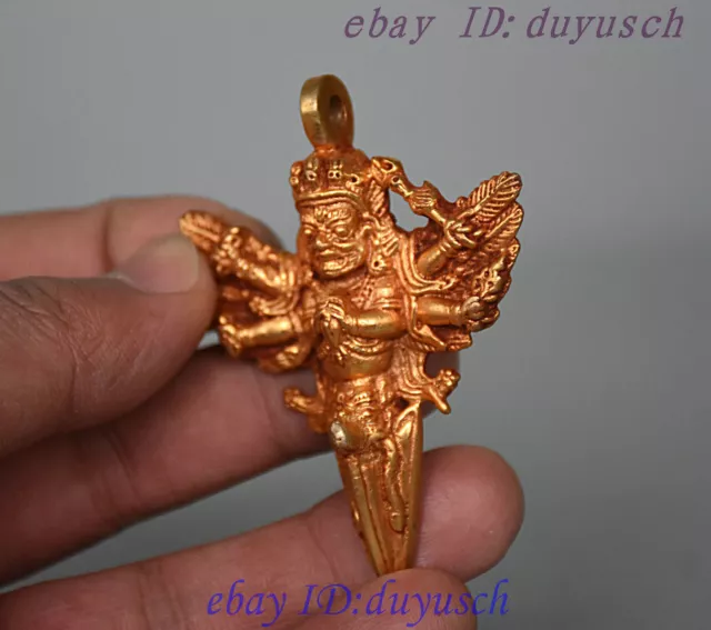 Tibet Buddhism FaQi Bronze Gilt Gold 6 Arms Mahakala Buddha Dorje Phurba Pendant 2