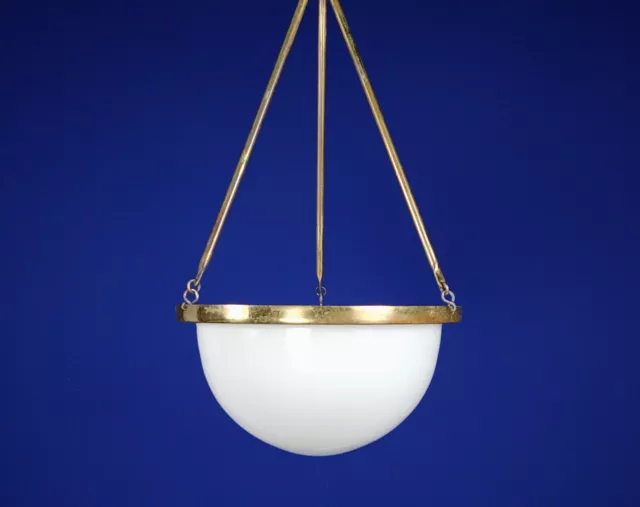 1930s Vintage English Art Deco Opaline & Brass Plafonnier / Bowl Pendant Light