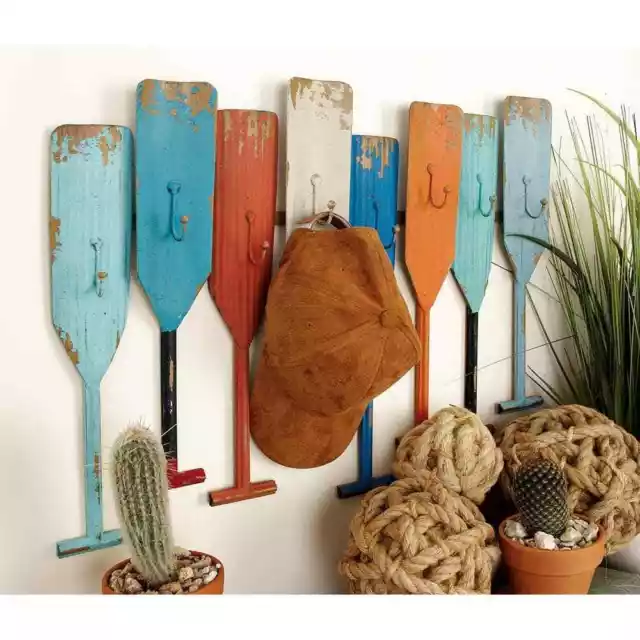 Boho Colorful Boat Oar Paddle Wall Hooks Coat Rack 8-Hanger Nautical Coastal