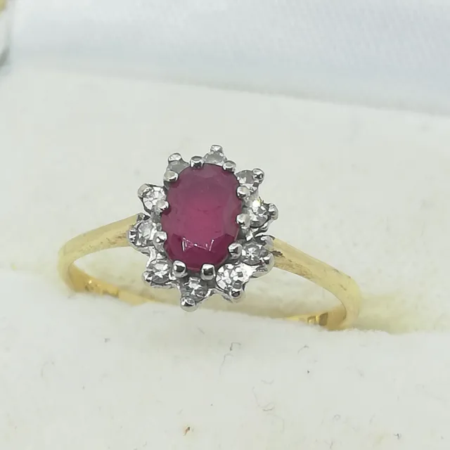 18ct Yellow Gold Ruby & Diamond Flower cluster ring Size K    Hallmarked London