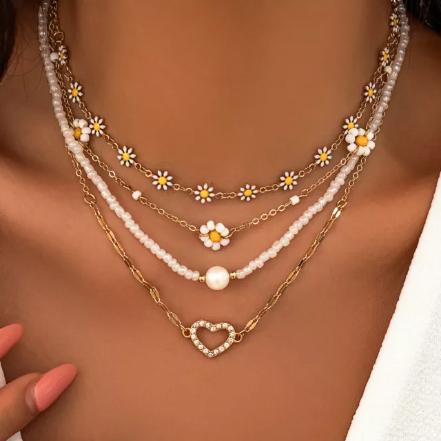 IMITATION PEARL WHITE Flower Heart Clavicle Multi Layer Choker