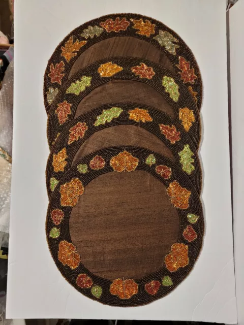 Autumn Hill Fall Leaves Glass BEADED Placemats Charger Round Brown Set of 4 EUC!
