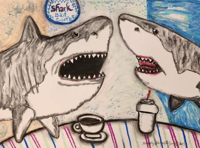Great White Sharks drinking Coffee Pop Art Print 8.5 x 11 Artist KSams SHARK