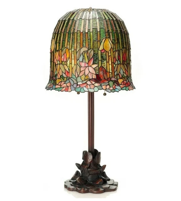 Pink Pond Lily Tiffany Style Lamp Bronze Glass Table Base Stained Vintage Shade
