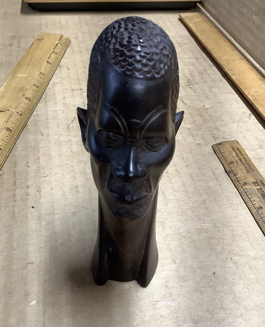 Vintage Ebony Wood Hand Carved Wooden African Head Bust Figure Signed MUIA