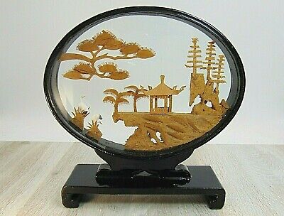 Hand Carved Chinese Cork & Wood Diorama Asian Crane Pagoda Tree Art Glass