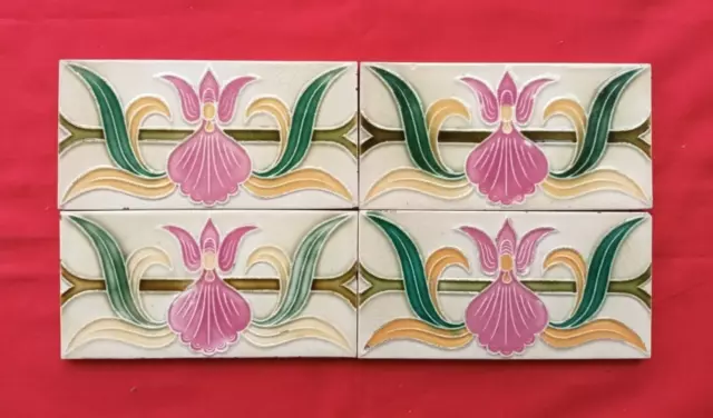 4 Piece Lot Old Art Flower Design Embossed Majolica Ceramic Tiles Belgium 0171