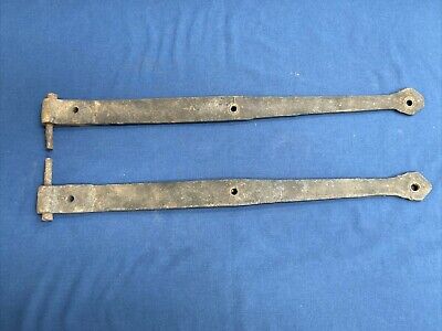 Pair Antique Hand Forged Iron Barn Door Strap Hinges 20 5/8" & 20 1/8"