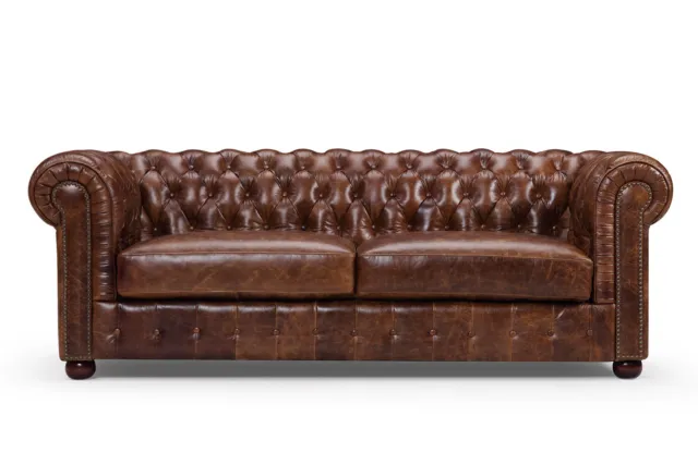 Chesterfield Sofa 3-Seater Premium Full-grain Cowhide Leather Upholstered Couch