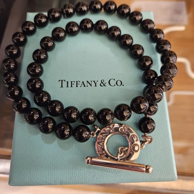 Tiffany & Co Sterling Silver and Black Onyx Bead Toggle Necklace, box & pouch
