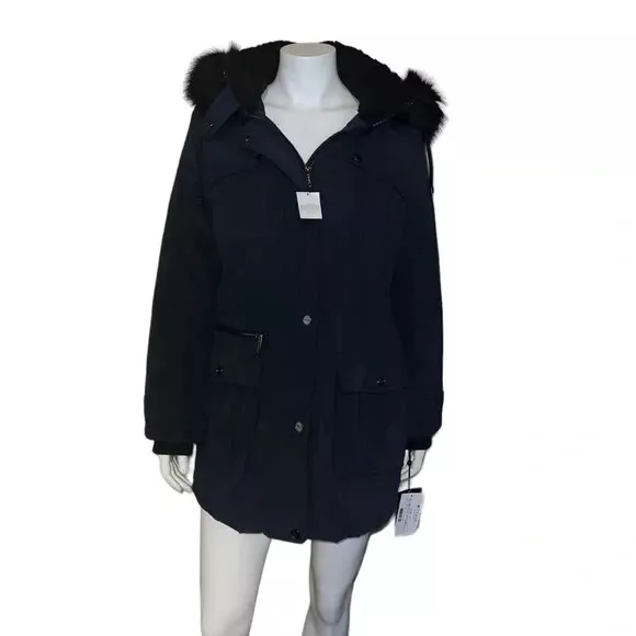 DKNY Womens Faux-Fur Trim Hooded Water-Resistant Anorak Coat Navy Medium New