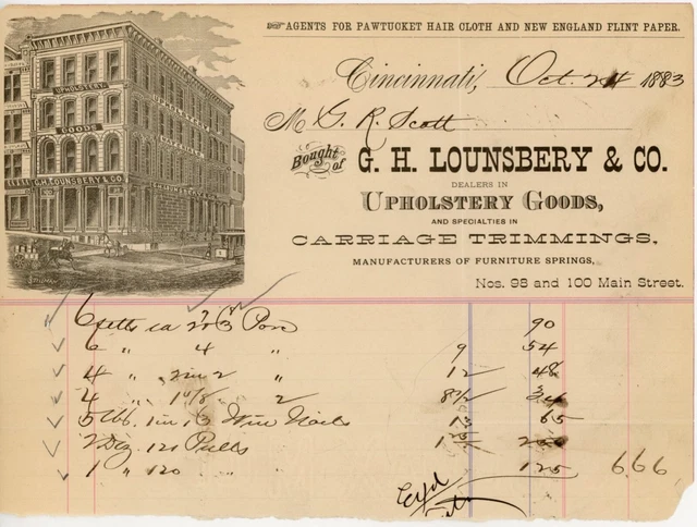 1883 G. H. Lounsbery Billhead Cincinnati OH Upholstery Goods Carriage Trimmings