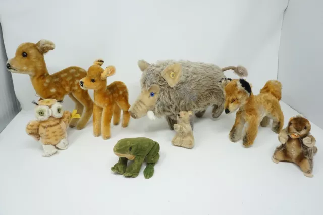 Steiff 8 Tiere im Wald-Set, antik, Mohair, Wildschwein, Frosch, Reh, Eule, Fuchs