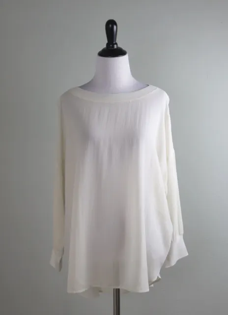 EILEEN FISHER $178 Ivory Soft Collar Crepe 100% Silk Sheer Blouse Top Size Small